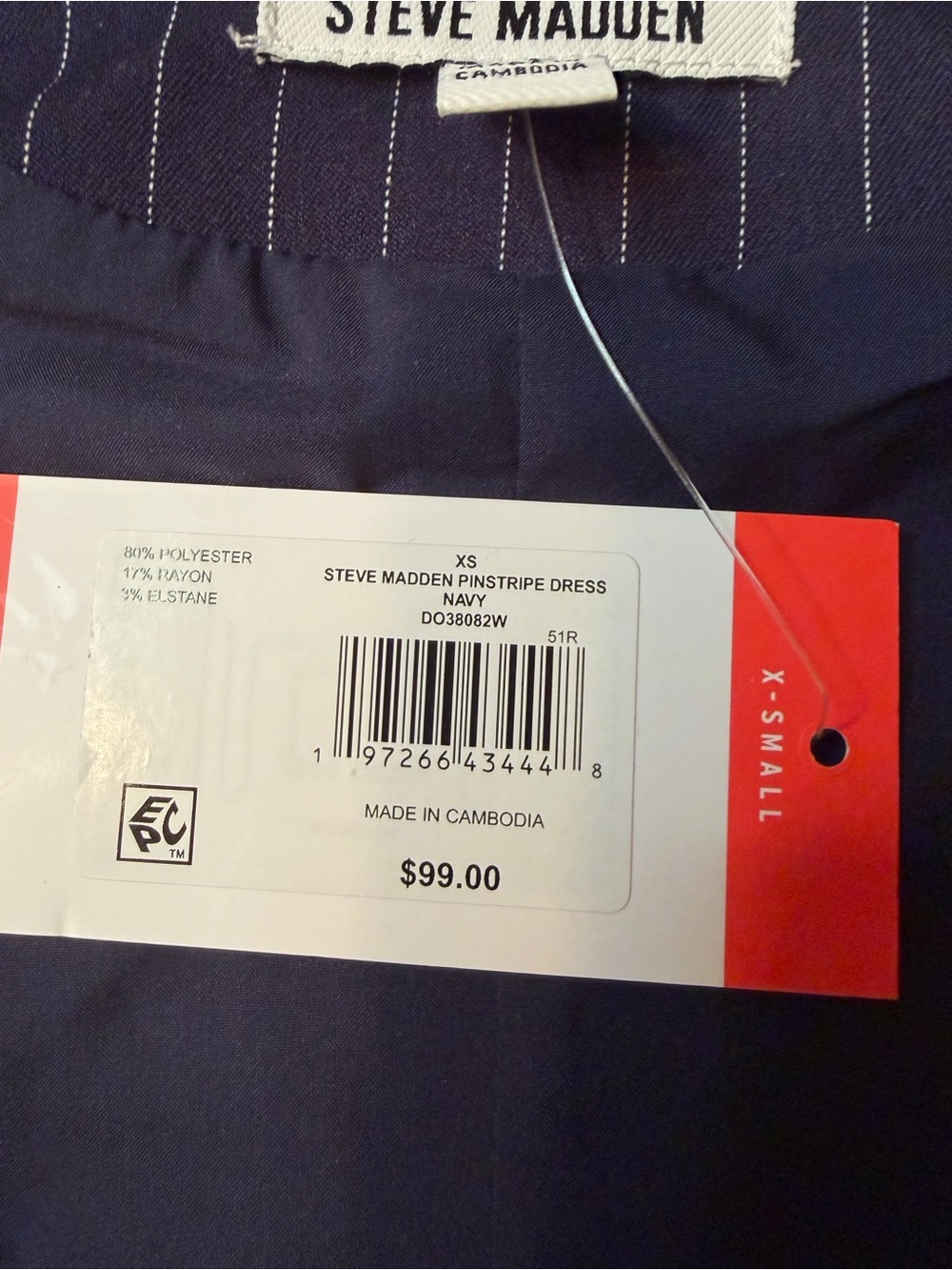 NWT Women's Steve Madden Navy Pinstripe Button-Front Dress Size XS (D2) - Picture 4 of 4